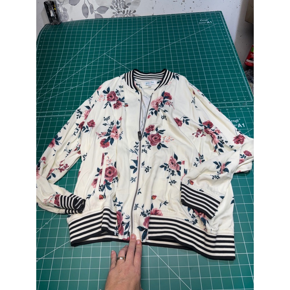 Grace & Lace Floral Bomber Jacket Cream Pink Rose Striped Trim Large 3G10